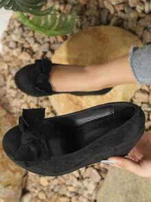 New 2025 Thick Bottom Slope Follow Up Shoes For Women, Round Head Cross Strap High Heels, Women's Leather Shoes, Matte Shallow Mouth, Comfortable Work Shoes - 黑色 - 查看 4