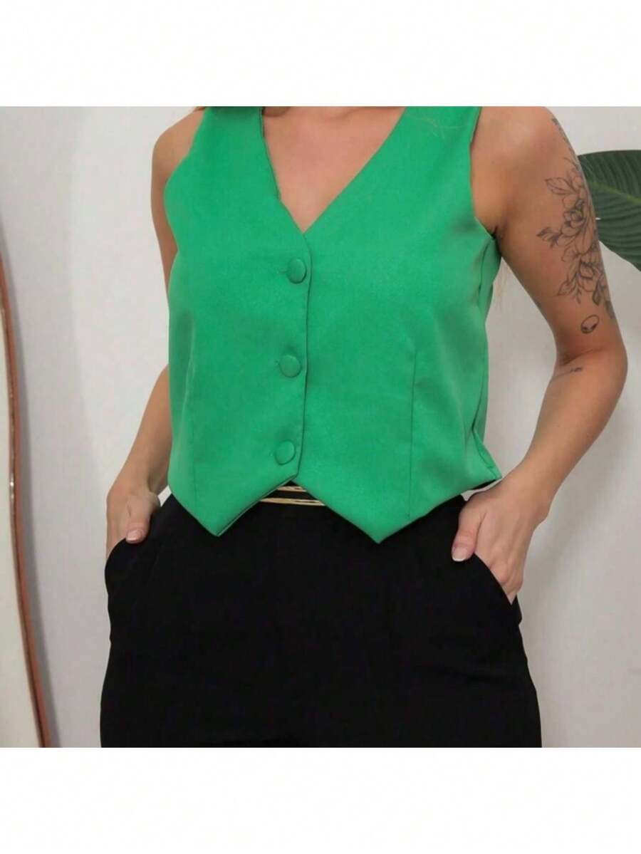 Women's Short Lined Tailored Vest With Buttons, Formal, V-Neck - Striped Green - View 1