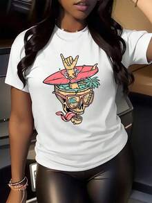 Camiseta de mujer con estampado gráfico vibrante, camiseta de algodón casual y cómoda, diseño inspirado en la fiesta mexicana, perfecta para el estilo diario y las celebraciones navideñas, tela ligera y transpirable, de gran tamaño. - Blanco - Ver 2