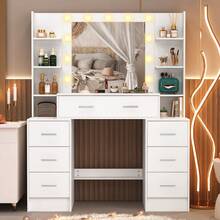 Vanity Makeup Set 7 Drawers With  Storage Shelfs And Led Light Mirror For Gift - White - View 2