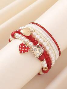 Set de 7 piezas Accesorios de pulsera con colgante con diseño elegante europeo y americano de alta gama con forma de corazón, set de pulseras elásticas multicapa con cuentas, adecuado para festivales, fiestas, fotos callejeras, banquetes, festivales de música, regalos de mujeres