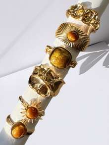 GARMEND 1 套独特设计金色向日葵和虎眼石戒指套装，6 件简约戒指适合女性日常佩戴 - 金色 - 查看 1