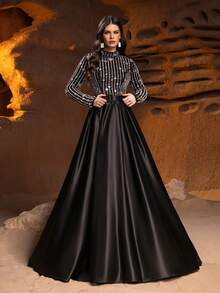 Faeriesty Elegant Party Dress, Stand Collar, Long Sleeve, A-Line Skirt - Formal Evening Gown, Perfect For Black Tie Galas, Wedding Receptions, High-End Charity Balls, Red Carpet Awards, And Luxury Formal Dinners. - Black - View 5