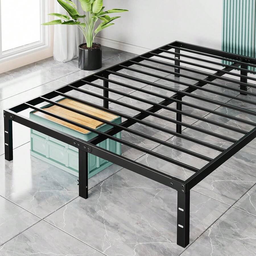 Strong Steel Bed Frame,Heavy Duty Metal Bed Frame With Storage Space, Noise-Free Platform Base,King & Queen Size – 14in 16in 18in Platform Cama With Silent Slats,Room Decor,Furniture,Christmas,Furniture Living Room,Living Room Decor,Room Decoration Stuff - 14英吋 - 查看 1