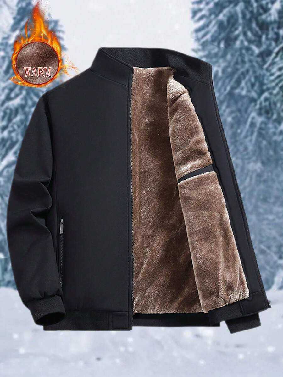 Men's Thermal Lined Jacket, Casual Stand Collar Padded Winter Coat, Warm Thick Outerwear - Black - View 1