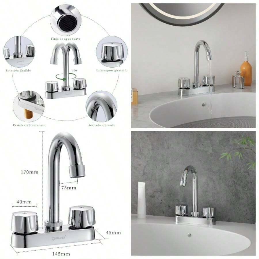 Mezcladora para Lavabo de Bao, Llaves para Lavabo, 2 Manijas para Grifo para Lavabo de Bao, Cuerpo de Latn, Cuello de Acero Inoxidable, Acabado Cromado, SP - 40059 - Cromo - Ver 1