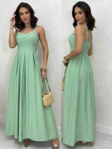 Long Dress With Adjustable Straps Lastex Waisted Fits 36 To 44 Women's Elastex Dress With Adjustable Back From 36 To 44 Comfortable Elastex Waisted Dress With Adjustable Straps - 薄荷綠 - 查看 1