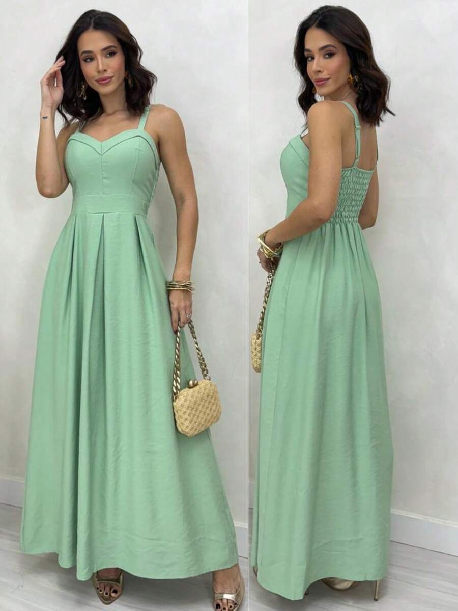 Long Dress With Adjustable Straps Lastex Waisted Fits 36 To 44 Women's Elastex Dress With Adjustable Back From 36 To 44 Comfortable Elastex Waisted Dress With Adjustable Straps - 薄荷綠 - 查看 1