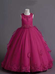 Flower Girl Dress Princess Puffy Tulle Dresses Bridesmaid Wedding Birthday Party Pageant Maxi Prom Gown For Kids - 玫紅色 - 查看 9