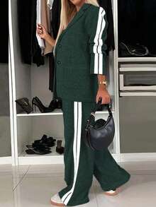 2pcs/1set Women's Comfortable Two Pieces Suit Lapel Collared Casual Striped Workplace Office Wide-Leg Pants Long Sleeves For Autumn And Winter Set - 橄欖綠 - 查看 4
