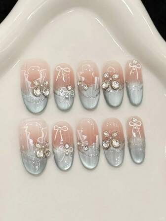 10 Long Almond Shaped Press On Nails, Pink Blue Gradient Diamond Embellished Bow Nail Art Is Gorgeous And Exquisite, Refined And Elegant Suitable For Office Workers, Students, Party Girls, And Nail Products For All Seasons, Equipped With 1 Jelly Gel And 1 Nail File.