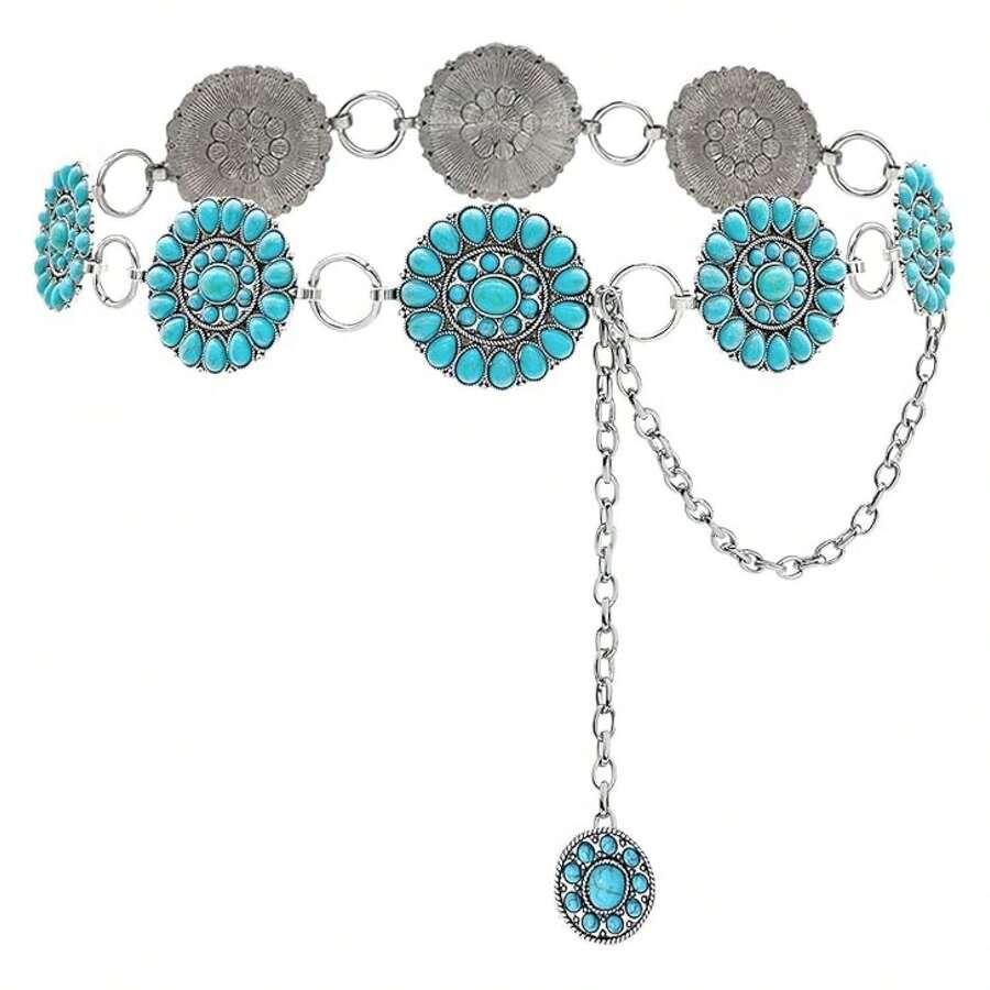 Turquoise Concho Belt Women Silver Western Waist Chain 53 Inch Bohemian Belts Dress Accessory - 多色673 - 查看 1