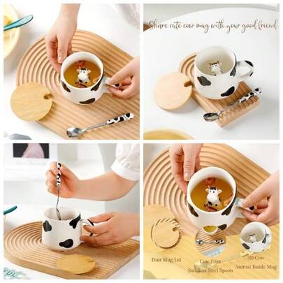 - Taza de cermica con vaca 3D en el interior, taza de caf con estampado de vaca, lindas tazas con tapa y cuchara, cosas lindas, regalos de cumpleaos, regalos de anime para mujeres,