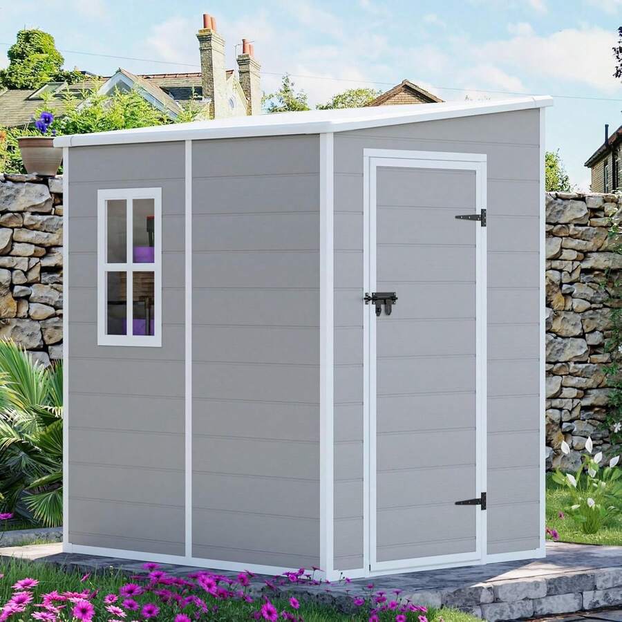 5x4 FT Small Resin Shed, Waterproof Outdoor Shed With Floor, Window, Double Lockable Doors & 2 Vents, Outside Plastic Sheds For Garden Patio Backyard, Sloped Roof, Grey,23948604,Weather Resistant, Garden Tool House - 珊瑚粉 - 查看 1