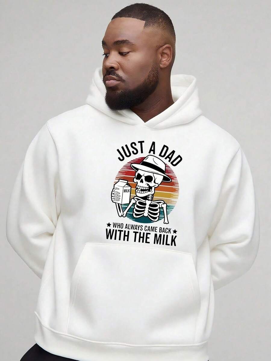 Men's Hooded Sweatshirt, Skull Dad Theme, _JUST A DAD WHO ALWAYS CAME BACK WITH THE MILK_ Slogan + Skull Wearing Hat Holding Milk Carton, Retro Sunset Pattern, Printed Sweatshirt, Comfortable And Sof,Fall Hoodies,Men's Fall Clothes,Street Wear,Halloween,Mens Hoodies,Y2k Clothes,Jesus Hoodie,Thanksgiving Day,Nightmare Before Christmas,Christmas - 白色 - 查看 1
