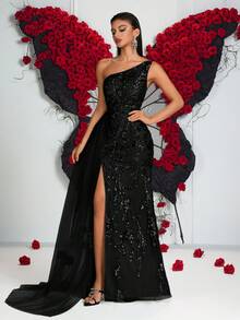 ADYCE Đầm maxi dài, eo cao, chất liệu satin voan mỏng, thắt lưng, đính sequin và thêu tinh tế dành cho nữ (vị trí thêu ngẫu nhiên), thích hợp cho dạ hội, dự đám cưới, tiệc gala trang trọng, lễ hội, hẹn hò, tiệc tối trang trọng, tiệc sinh nhật, tiệc lễ hội, họp mặt gia đình. - màu đen - Xem 7