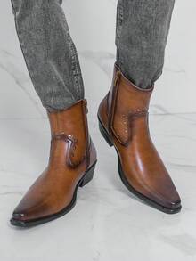 Men's Pointed Toe Chelsea Boots, Vintage British Style Gentleman Rivet Decor Motorcycle Boots, Distressed Retro Boots - Brown - View 10