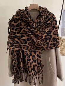 1 Khăn choàng hai mặt họa tiết da báo và kẻ caro cho nữ, chất liệu cashmere mềm mại, khăn choàng quấn ấm áp, phụ kiện thời trang thu/đông cho trang phục - Lạc đà - Xem 4