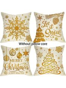 4 pièces Housses de coussin de Noël dorées avec motifs de sapin de Noël et flocons de neige - Décoration festive de Noël avec les textes "Merry Christmas" et "Laissez-le neiger", avec fermeture éclair, lavables en machine, parfaits pour le canapé, le divan ou le porche, décoration extérieure de la maison, décorations de Noël - Doré - Voir 10