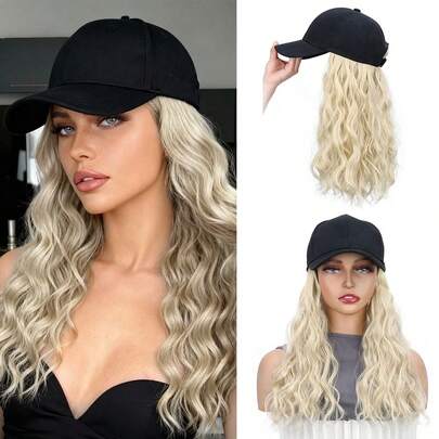 Adjustable 18 Inch Curly Wave Women's Wig - Natural Appearance, Breathable Synthetic Fiber, Comes With Black Baseball Hat, Suitable For Multiple Hairstyles