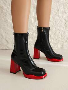 Women's Go Go Boots Platform Chunky Block Heel Boots Prom Square Toe Side Zipper Mid Calf Booties Shoes - 紅色 - 查看 4
