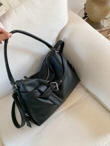 1pc Women's Simple Boston Handbag, Solid Color Versatile Buckle Design Shoulder Bag/Crossbody Bag - Black - View 10