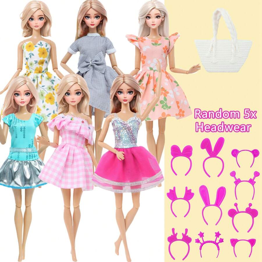 12 Pieces 11.5 Inch Doll Clothes Including 6 Sets Dresses, 1 Bag And 5 Headwear, Colorful Casual Style,Party Outfit, Doll Dress Up Game Toys Birthday Gift Christmas Stocking Stuffers(Doll Not Included)