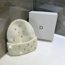 1 Pc Imitation Rabbit Hair Rhinestone Wool Hat Warm Thick Fashionable Versatile Sweet Knit Hat Toe Cap - 黑色 - 查看 7