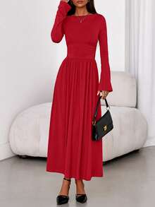Women Fall Bell Long Sleeve Boat Neck Ruched Flowy Maxi Dresses Autumn Elegant Formal Wedding Guest Evening Dress Outfits - 紅色 - 查看 3