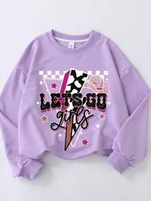 Girls' Casual Patterned Long Sleeve Crew Neck Thickened Sweatshirt, Suitable For Autumn/Winter Wear - Purple - View 2
