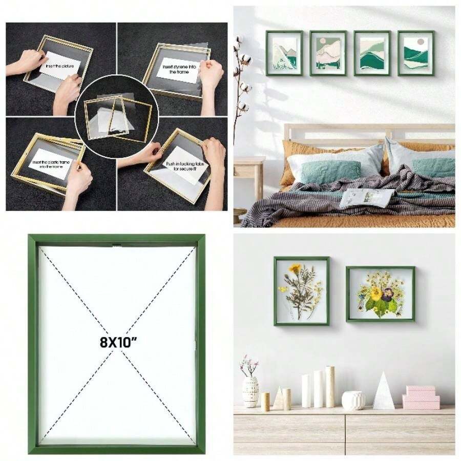Marco de fotos flotante de 11x 14 pulgadas, marco de fotos de metal de aluminio plateado, vidrio real de la parte delantera, para pantallas de montaje en pared - 20.32 x 25.4 cm (8x10 pulg.) + Verde - Ver 1