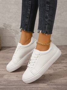 1双女士平底圆头纯色时尚休闲运动鞋，透气舒适，低帮系带跑步鞋，条纹设计，四季皆宜，黑/白，多种颜色可选 - 白色 - 查看 14