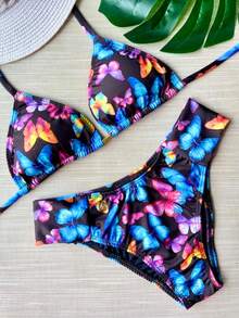 Biquíni Cortininha Com Bojo Removível Calcinha Borboleta Fechada Estampado Borboletas Coloridas - Multicolorido - Visão 2