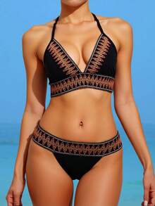 Swim Lushoire 夏季沙滩胶带比基尼套装吊带三角文胸和高腰下装两件套泳衣 - 彩色 - 查看 3