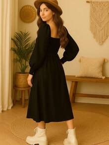 Vestido Campesino Manga Larga con Elástico en Puño y Abertura Lateral - Negro - Ver 2