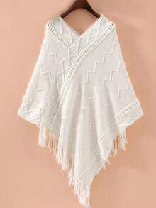 1pc Solid Color Hollow Out Bat Wing Tasseled Knit Poncho For Dress