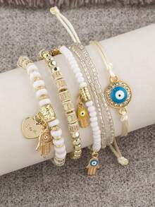 6pcs/Set Bohemian Style Heart, Eye, Devil's Eye Acrylic Beaded Bracelet Set, Suitable For Women's Daily Wear