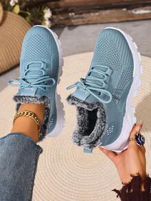 1 Pair Women's Casual Lace-Up Short Boots, Molded Sole Outdoor Ankle Boots, Winter Warm & Anti-Slip - Blue - View 7