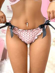 Bragas dulces y cómodas de estilo sexy para mujer con estampado de lunares rosas y volantes de color contrastante, adecuadas para festivales de música, San Valentín, momentos románticos - Rosa - Ver 3