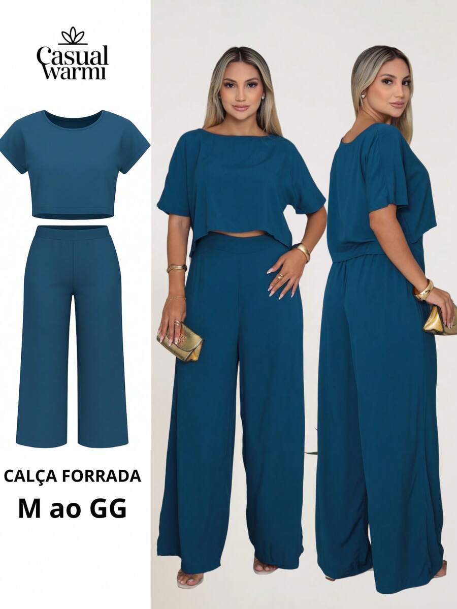 Sophisticated Casual Women's Set In Blended Linen, Pantaloons And Blouse - Màu xanh ngọc - Xem 1