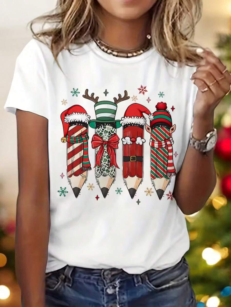 Camiseta casual navidad para mujer estilo relajado, fibra sintética, estampado de lapices divertidos navidad felicidad navideños, corte holgado, cuello redondo, manga corta, verano, festividad galleta jengibre - Blanco - Ver 1