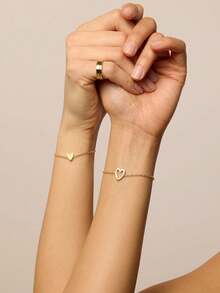 2pcs Gold Heart Bracelet Set, Suitable For Mother-Daughter Or Unisex, Minimalist Gold Fashion Jewelry, Mother's Day Gift - Heart Bracelet - View 2
