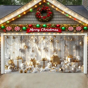 71" X 157" Polyester Christmas Garage Door Banner Decoration - Winter Scene With White And Gold Ornaments And Gifts, Multipurpose, No Electricity Needed, Suitable For Home, Wall, Yard And Party Decor