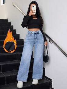 Women's Winter Casual Light Wash Denim Jeans, Long Straight Leg, Non-Stretch Y2K Style, Warm And Comfortable, Suitable For Winter Outfits - Light Wash - View 6