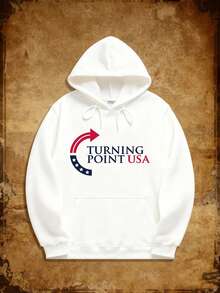 A Men's Hoodie, _TURNING POINT USA_ Logo Design With Text, Arrows, And Stars, 280G Heavy Comfortable Knit Fabric, Suitable For Couples, Outings, Home, Sports, Machine Washable,Fall Hoodies,Men's Fall Clothes,Street Wear,Halloween,Mens Hoodies,Y2k Clothes,Jesus Hoodie,Thanksgiving Day,Nightmare Before Christmas,Christmas - White - View 1