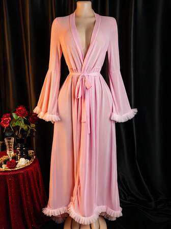 2 Pieces Sexy Lingerie Set Long Pink Robe With Waist Belt And Ruffle Trim Bell Sleeves