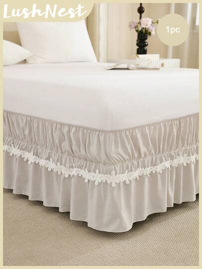 1件装可爱碎花荷叶边米色床裙，乡村风床上用品，柔软聚酯纤维，适合多种床尺寸