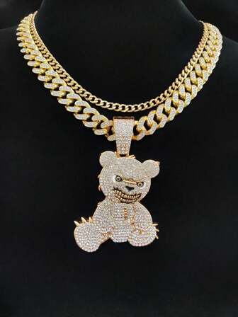 Unisex Hip Hop Cuban Chain Necklace With Fully Iced Small Bear Pendant, Best Gift For Friends And Family