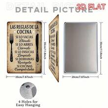 2D Flat, 1 Piece Retro Spanish Kitchen Rules Metal Wall Art Sign - 8x12inch Country Iron Decoration With Humorous Cooking Instructions, Retro Home Decoration, Suitable For Kitchen, Living Room, Bedroom, Cafe, Office - Indoor/Outdoor Use, Kitchen Decoration, Perfect Room Decoration - 彩色 - 查看 5