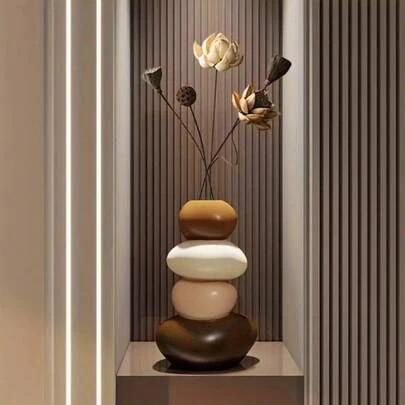 1pc Large Resin Lucky Stone Vase - Hand-Painted Decorative Ornament, Suitable Only For Artificial Flowers - Christmas And New Year Holiday Home And Office Decor - Holiday Gift, Elegant Decoration, Autumn Home Accent, Wedding Table Centerpiece, Minimalist Shelf Display